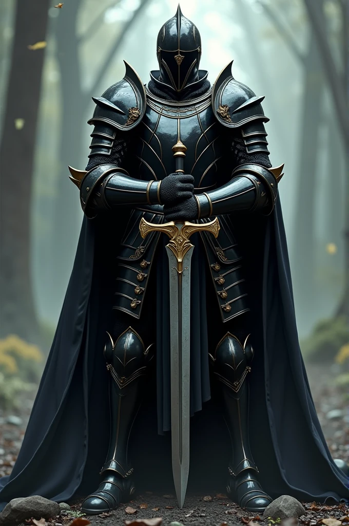Black Knight,Knight in black armor,Stab the two-handed sword into the ground,Hold the hilt of the sword with both hands,Black Cape,Otherworldly Armor,Gold color line