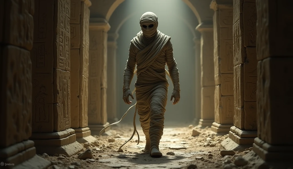  A mummy walking through a dimly lit ancient corridor, with its bandages trailing behind, realistic textures and shadows, the scene filled with an eerie, ominous atmosphere