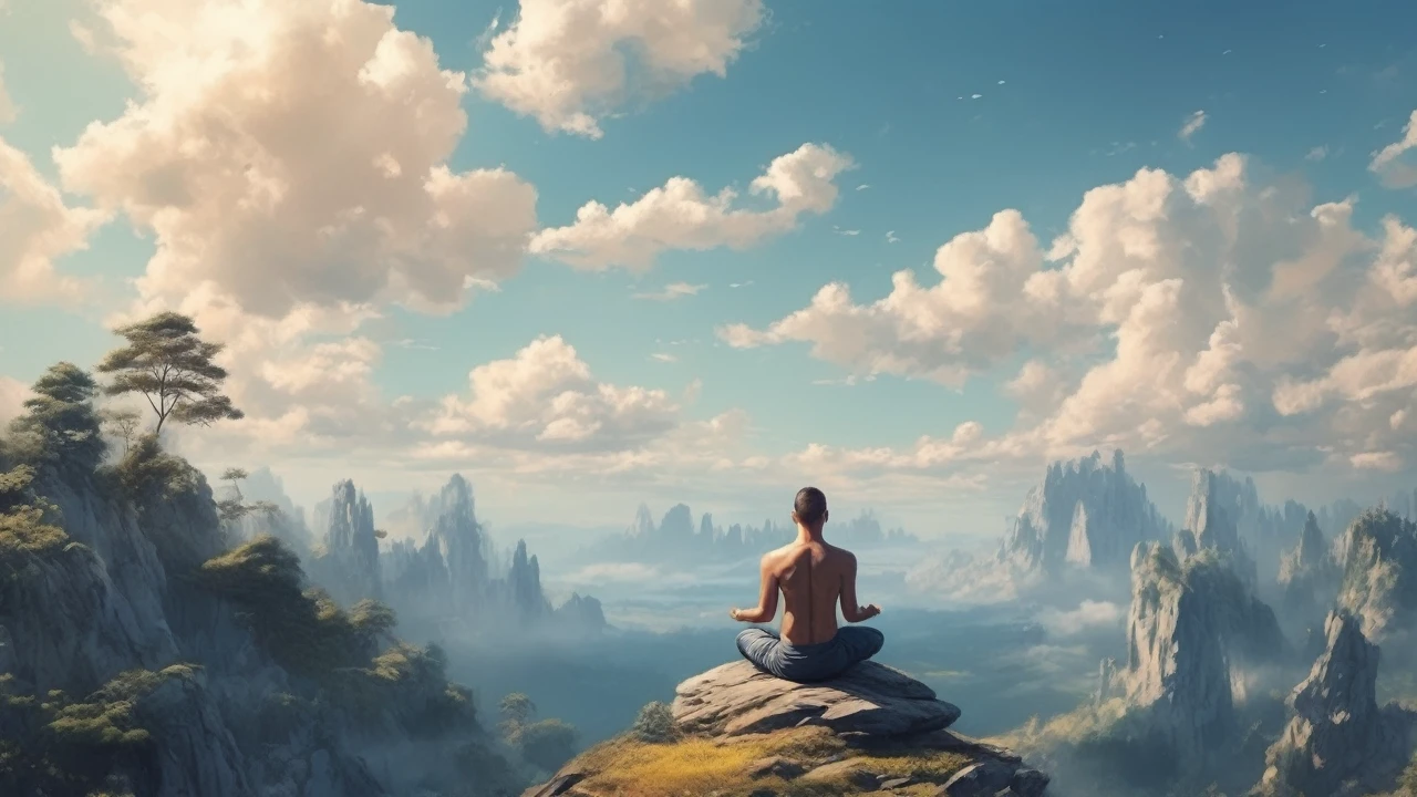 man meditating in nature and blue sky, ultra realisitic