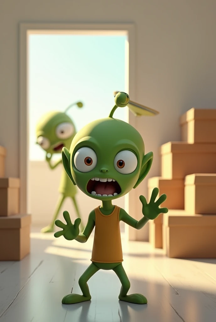 It generates the image of a friendly Martian in which only his surprised face and a hand that takes the door that pretends to be open and where you can see the background of a white room full of stacked boxes and another Martian taking a flying saucer out of one of them.
