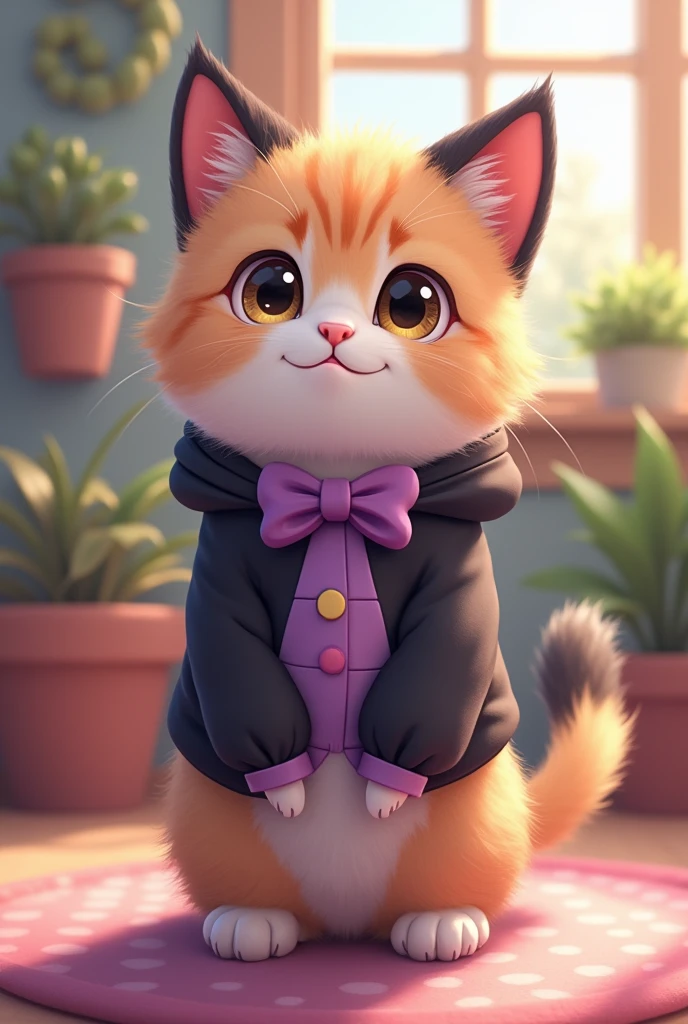 A cute cat wearing a Kuromi-chan costume, standing up
