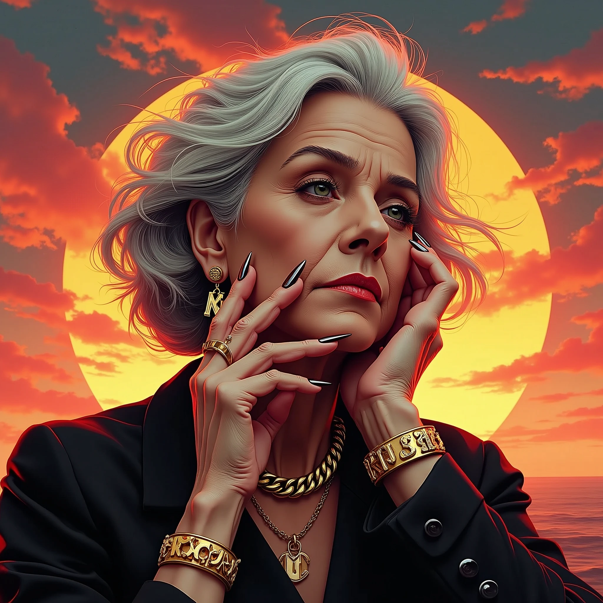 insane sunset, insane professional Illustration hand`s nails-style nails-view, Adult The photograph showcases a close-up portrait of a Old woman posed against a neutral-toned background that complements her complexion. The lighting is soft, diffused evenly to highlight the contours of her face without harsh shadows, suggesting the use of a broad light source or a reflector to achieve such balanced illumination. Her hair is swept to one side, styled to move with the wind, which adds a dynamic element to the image. The color palette is harmonious, with her tan outfit and golden accessories creating a warm, monochromatic effect. She's adorned with bold, statement jewelry—a large golden link chain as a choker and chunky lettered earrings, both contributing to a luxe aesthetic. Her finger, placed gently against her lips, draws attention to her face, which is the clear subject of the composition. She wears a broad, studded cuff on her wrist that echoes the style of the necklace, and her expression is contemplative, with her gaze slightly averted from the camera, inviting viewers to ponder her thoughts. Technically, the depth of field is shallow, keeping her features in sharp focus while softly blurring the background, which suggests the use of a lens with a wide aperture. The composition employs a tight framing that captures the model from the chest up, emphasizing her expression and the fine details of her accessories. The overall effect is one of understated elegance and high-fashion sensibility. varies,multi, etc. --v 6 --s 1000 --c 20 --q 500 --chaos 100
