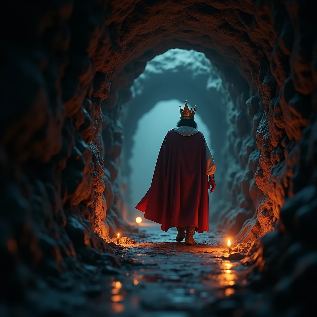 in 3d Animation style "**Navigating the tunnel**: The king carefully moving through the tunnel, surrounded by shadows and eerie sounds."
