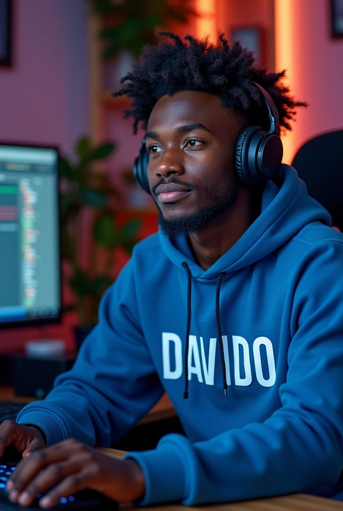 A black programmer sitting in his computer setup wearing a blue hoodie with his name DAVIDO in it
