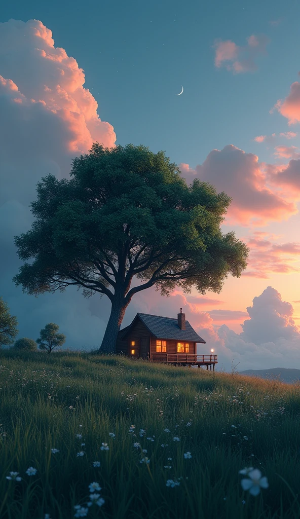 Create a serene, dreamlike twilight landscape featuring a small, cozy cabin nestled under a large, lush green tree. The cabin should have warm, glowing lights coming from its windows, casting a comforting ambiance. Surround the cabin with a meadow filled with tall grass and small white flowers. The sky should be filled with large, billowing clouds illuminated by soft orange and pink hues from a setting or rising sun. Add a sprinkling of stars in the sky to enhance the magical atmosphere. The overall mood should be peaceful and evoke a sense of quiet solitude in nature.