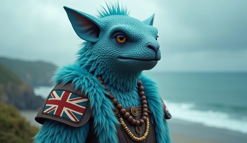 Fiji as an oceanic maori League of Legend creature in light blue with a little british flag somewere. Intricated clothing. Cinematic Fantasy sci-fi landscape background