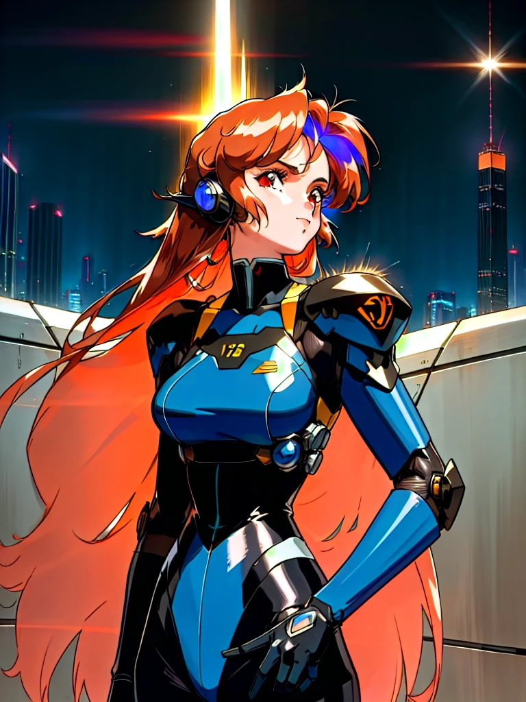 Kenichi Sonoda, retro art-style, 90s Japanese Anime Style, "bubblegum crisis", Sci-fi, Cyberpunk, Neon, Dystopia, (Amid the neon-soaked skyline of towering skyscrapers in mega Tokyo, 20-year-old anime beauty Pris stands alone on a gleaming skyscraper spire, bathed in the dazzling glow of the full moon. Her striking features are accentuated by a dark blue metal hard suit adorned with vibrant orange lines inspired by Syd Mead's industrial machine designs. Her brown medium-length hair frames her piercing gaze while she flashes a confident smile at the viewer. With fearless determination etched on her face, Pris is imposing and her entire presence exudes an aura of cool, stylish elegance. The smooth curves of her shadow, backlit by the moon, create a captivating silhouette, showcasing her unparalleled charm. (She takes off her uncomfortable full-face headset and lets her hair flow freely in the cool night breeze.), A beauty under the watchful eye of the city's towering skyscrapers.), 1girl, solo, The main character, "Priss", 20yo, anime beauty, Cool beauty, Unparalleled beauty, Brown medium length hair, forehead, red eyes, Cold and sharp eyes, harsh brushstrokes, dramatic lighting, A dark blue metal hard suit with orange lines has a sophisticated design, fearless look, an expression of ridicule, smile, Standing alone in the backlight, she looks cool and stylish, Standing, (looking at us), close-up photography of upper body, bust shot, Depth of field, character focus, (masterpiece, anime cg, official art, work of art, Award-winning work, extreme quality, ultra high definition, all intricate, overall detailed, finely detailed, super detailed, very aesthetic, boast pompously, focus on entire screen, asymmetrical, raytraced, caustics, textile shading, incredibly absurd resolution, absolutely resolution, ultra high resolution, professional, vivid colors, 16k, perfect ???????, ideal facial features, Beautifully detailed face, Beautifully detailed eyes, ideally proportioned fi