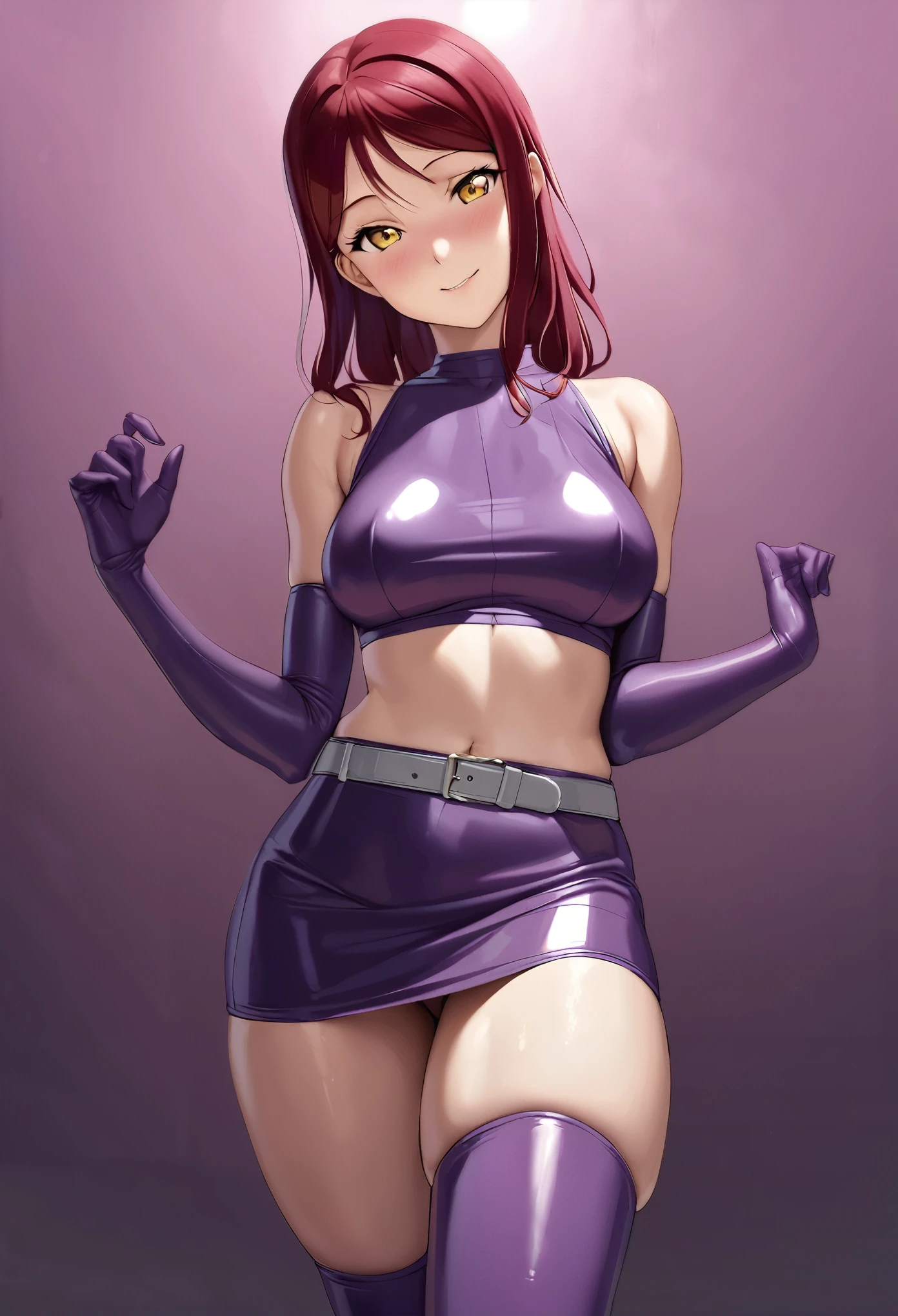 Hentai anime,hentai artist,masterpiece, best quality, realistic anime art, front light,solo, purple latex crop top, breasts ,dark red hair , sleeveless, thighs,yellow eyes , sakurauchi riko love live,standing ,gray elbow gloves, purple latex pencil skirt, thighhighs, smile, head tilt, looking at viewer , simple pink background , midriff, gray belt