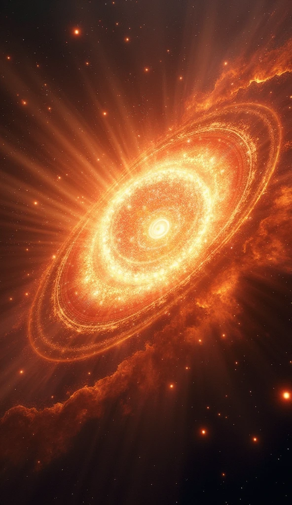 Show a colossal and bright explosion in space, representing the initial moment of the Big Bang, with a rapid expansion of energy and matter.
