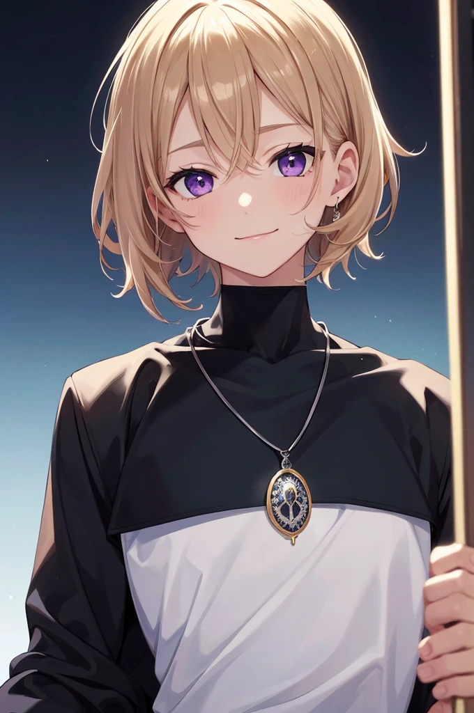 (((masterpiece; best quality: 1.2))), (finely detailed eyes: 1.3), ((1 young man)), ((solo)), (purple eyes: 1.4), (body shape; lean, masculine, manly: 1.3), (very short blond hair: 1.3), (beautiful and clear background: 1.2), ((depth of field)), (equipment: fashionable garb + black jacket + white t-shirt + black clock + thin chain necklace: 1.3), (anime illustration: 1.2), (background composition; park + day: 1.1), (extremely handsome: 1.1), (shot composition; standing + centered on face + bust close-up: 1.5), (facial expression; calm, smile: 1.2)