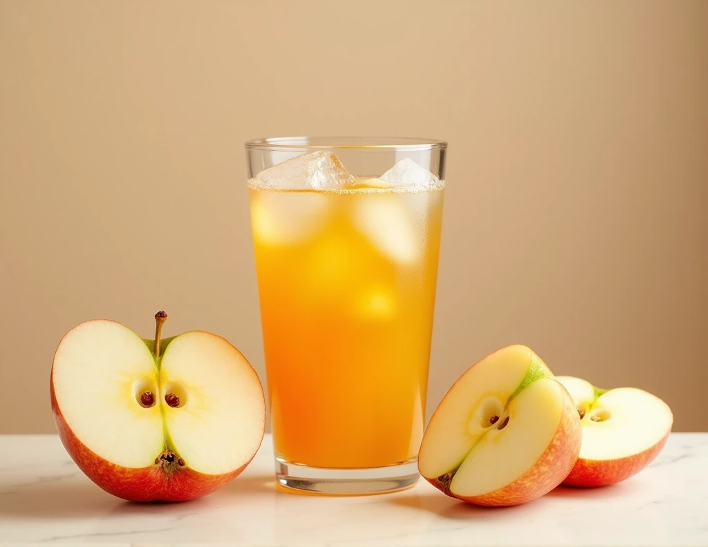 apple juice in a glass cup with ice and sliced apple around the glass.apply a heat filter with name APPLE JUICE at the top 