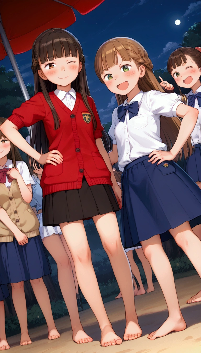 {Highest quality}, {Super beautiful},{Ultra fine},{Best illustration},Brown Hair,Hime cut,Braid,long hair,ponytail,One woman,Standing Woman,Strike a pose,Adult women,smug face,Excited face,Wink,uniform,cardigan,Short sleeve,skirt,Night Festival,Blushing,Slender,barefoot,barefoot,From an angle,Spread your legs,Put one hand on your hip