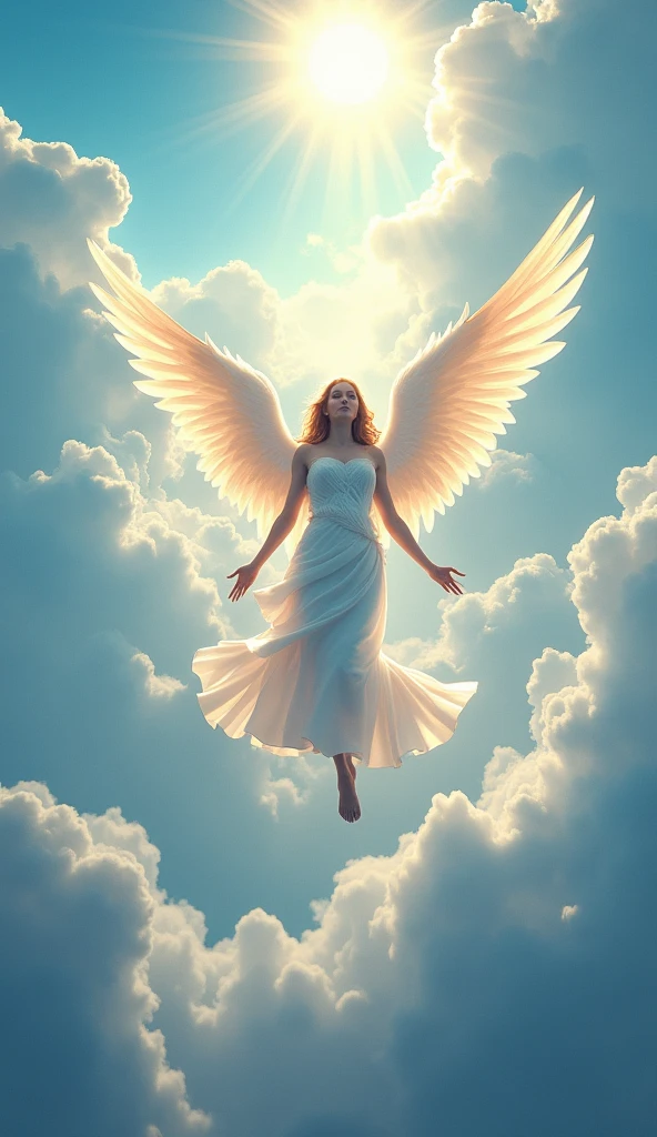 Ascending々A beautiful angel gently looking down、blue sky、sun、cloud