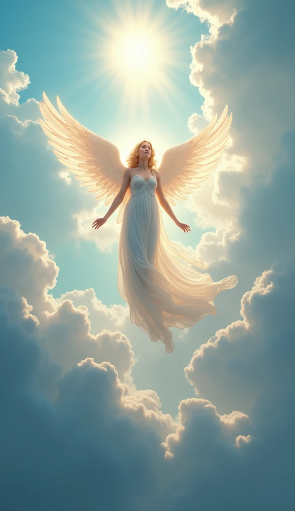 Ascending々A beautiful angel gently looking down、blue sky、sun、cloud