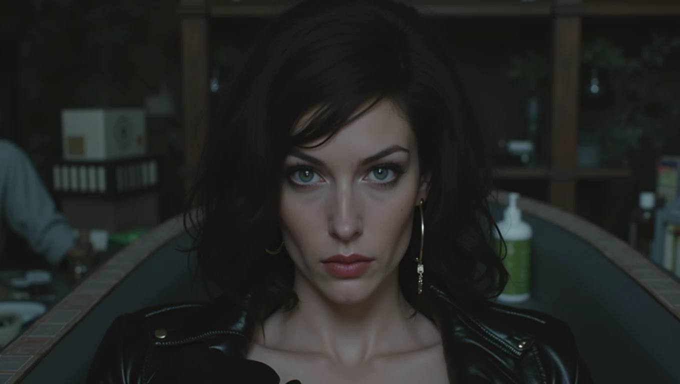 Beautiful pale woman, detailed black hair, thin long nose, eyes wide with fear, cleavage, leather jacket, staring at viewer, biting down hard, perfect teeth, cinematic lighting, hyperrealistic, 8k, highly detailed, photorealistic, masterpiece