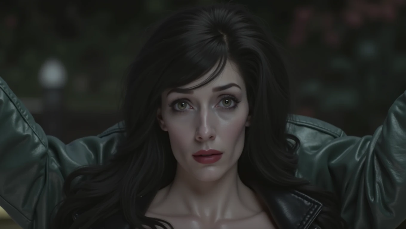 Beautiful pale woman, detailed black hair, thin long nose, eyes wide with fear, cleavage, leather jacket, staring at viewer, biting down hard, perfect teeth, cinematic lighting, hyperrealistic, 8k, highly detailed, photorealistic, masterpiece