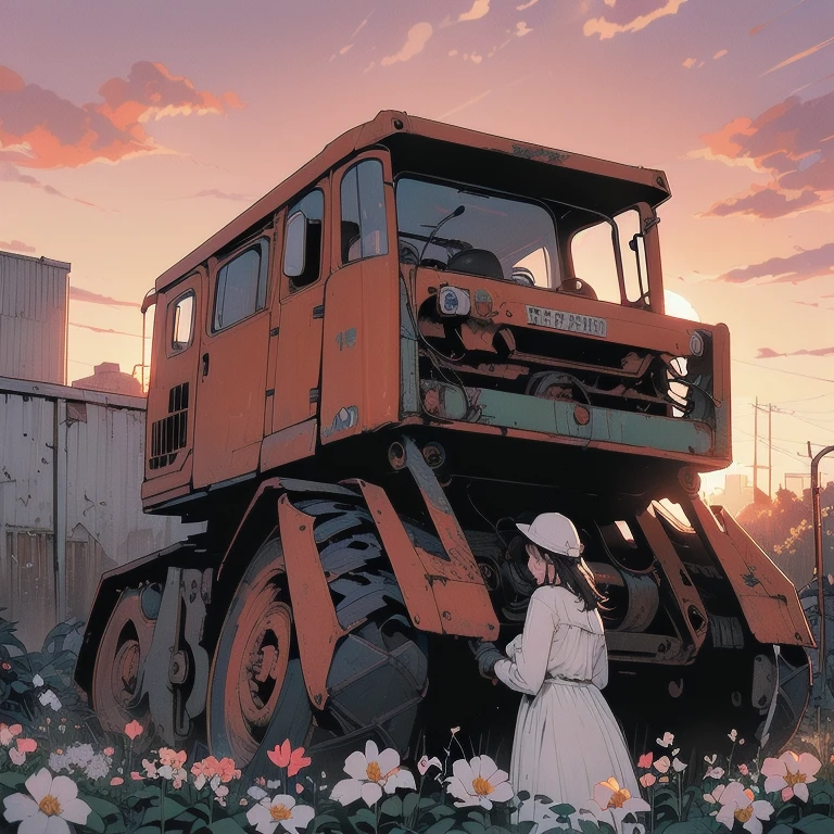 (((masterpiece, Highest quality)))、(((32K Wallpapers)))、Detailed Machinery、Abandoned Factory、Atrium、(((White Flower Field)))、(((Detailed rusty giant heavy machinery)))、Gorgeous light leaks、(((sunset)))、fog、Detailed Background、Highest quality、(((unmanned)))、Broken huge heavy machinery、Complex, huge heavy machinery、Faint lighting、、(((Dull colorany white flowers fluttering down)))、(((Heavy machinery covered with flowers)))、(((Lots of butterflies)))、(((Abandoned garage)))、、(((Red Sunset))、Strong backlighting、(((Huge heavy machinery in the foreground)))