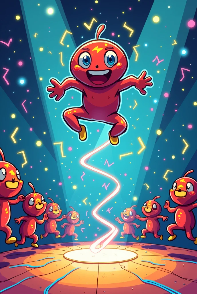 Make a cartoon about this: 1. Floating Cartoon: Imagine a couple of "electric characters" at a dance party, where one of them (the "charge") está baithendo sobre un "conductive ground" que es extremadamente resbathedizo. La charge está en equilibrio sobre el conductor, without touching the ground, y parece estar flotando debido a the "levitation" provocada por thes fuerzas electromagnéticas.
Description: in this cartoon, the character is floating through the electric or magnetic field. Los efectos de the flotación son visibles con líneas de campo que muestran cómo the charge está equilibrada sin contacto directo.
THAT IT IS DIVIDED INTO 4 SCENES AS IF IT WERE A COMIC
