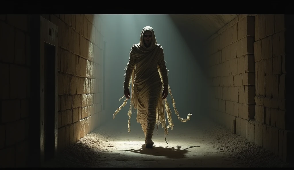 A mummy walking through a dimly lit ancient corridor, with its bandages trailing behind, realistic textures and shadows, the scene filled with an eerie, ominous atmosphere