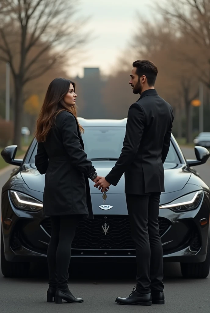 1 man with his wife behind a black car and 1 1 ring of key in there hand