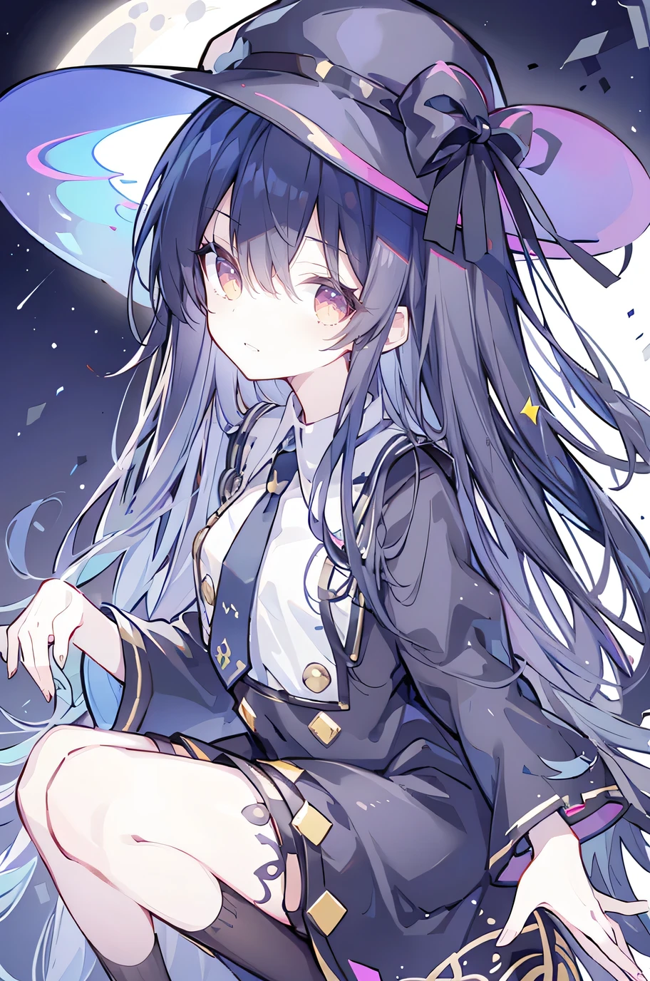 oung Girls,Humanity,A magician always smiles,big witch hat,cute,dark blue long hair,The eyes are dull,The bangs are heavy,Thin eyebrows,fantasy,intake,Double teeth,Star Theme,Constellation pattern,Solid color clothetal decoration,cloak,A bit of a dark atmosphere,A little crazy smile,When the big moon shines outside at night,blood,Hair black star embellishment,Short tie,No nails,High waist skirt,Bell sleeves,Long-sleeved shirt,Black tie,low risk,gentlemen。Mist、Yellow and white effect,Shocking pink as an accent color