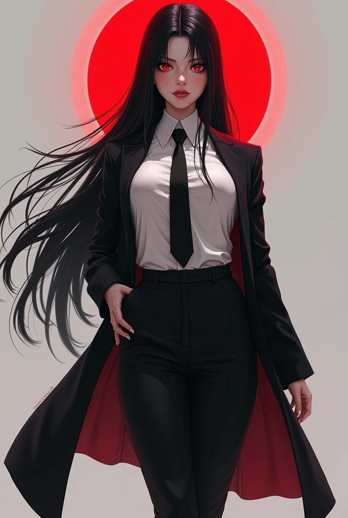 create a female character with red eyes, a red halo, long black hair and fair skin. Wearing a loose fitting suit showing a white dress shirt with a black tie, black dress pants and black dress shoes. And with large breasts. in anime style