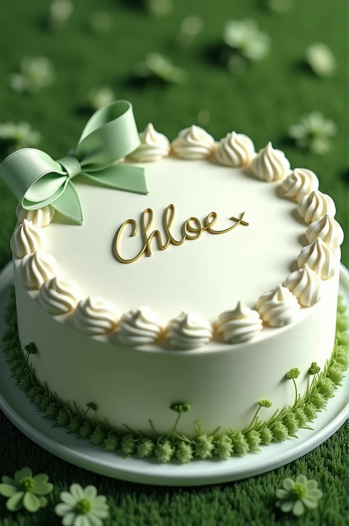 Realistic photo of a white frosted cake with a small thin pale sage green ribbon bow attached to one side of it. The cake center should read “HBD Chloe 💚” in thin small neat letters. The cake should also be decorated in green decorations like small patches of grass so it looks like an aesthetic field. Make this photo realistic!