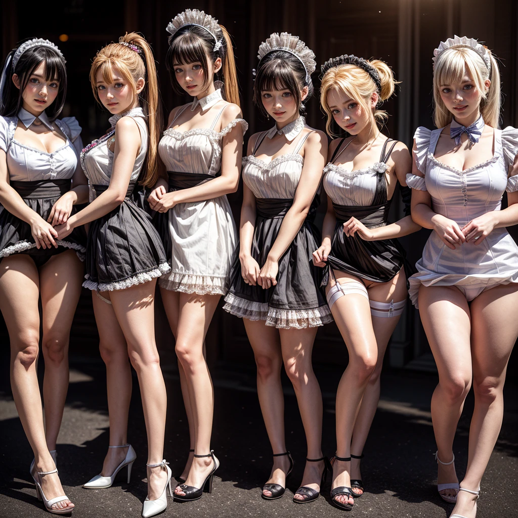 (Full Body of Extremely Detailed((Kawaii Maid Group in a row:1.37))), Cute perfect face, Reflective Eyes, Detailed(Delicate Clothing textures), Correct Leg Line, Dynamic Joyful Expressions LifeLike Rendering, Specular Reflection, TopQuality 8K Ultra-detailed masterpiece (ProfessionalPhoto:1.37), (Acutance:0.8), (Luminism:1.28), (Renaissance art style), Colorful Light particles, ((Full body from side)), {MicroMini Skirt|Kissing|Breast Lifting|Undressing|Thigh Gap|AssFocus}, Radiant Fine Skin with Transparency, (Exposed:0.5), (Different types of Anime hair color){Pink Hair|Blue Hair|Platinum Blonde|Pure White Hair|Liquid Hair}, Perfect Lighting