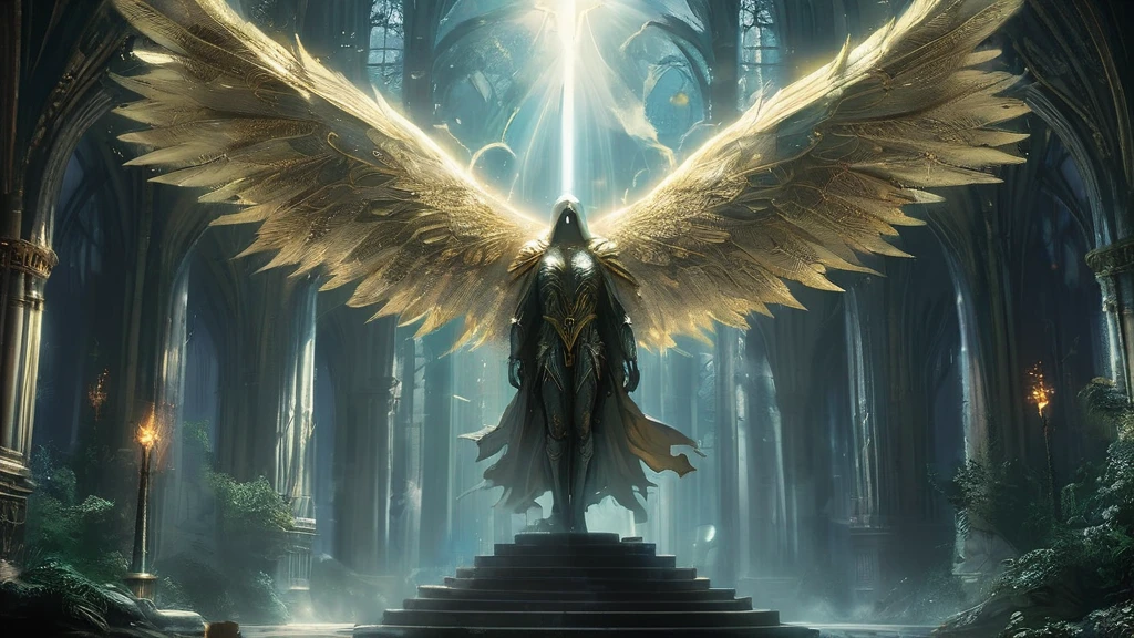 In a medieval dark fantasy scene, show Veridith, the grand Guardian of the skies, emerging from a grand cathedral situated in the heart of an ancient, dense forest. His body is bathed in golden light, and his massive silver wings spread wide, catching the light as he prepares to take flight. His pale blue eyes stand out against the dark, stormy sky. Surrounding him, towering trees and thick foliage create a mystical, shadowy atmosphere. The cathedral behind him is gothic and weathered, blending into the forest. The afternoon light filters through the trees, casting dramatic shadows and illuminating Veridith’s awe-inspiring presence as he ascends into the sky.