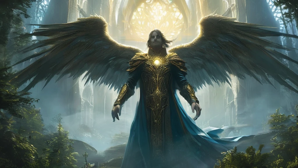 In a medieval dark fantasy scene, show Veridith, the grand Guardian of the skies, emerging from a grand cathedral situated in the heart of an ancient, dense forest. His body is bathed in golden light, and his massive silver wings spread wide, catching the light as he prepares to take flight. His pale blue eyes stand out against the dark, stormy sky. Surrounding him, towering trees and thick foliage create a mystical, shadowy atmosphere. The cathedral behind him is gothic and weathered, blending into the forest. The afternoon light filters through the trees, casting dramatic shadows and illuminating Veridith’s awe-inspiring presence as he ascends into the sky.