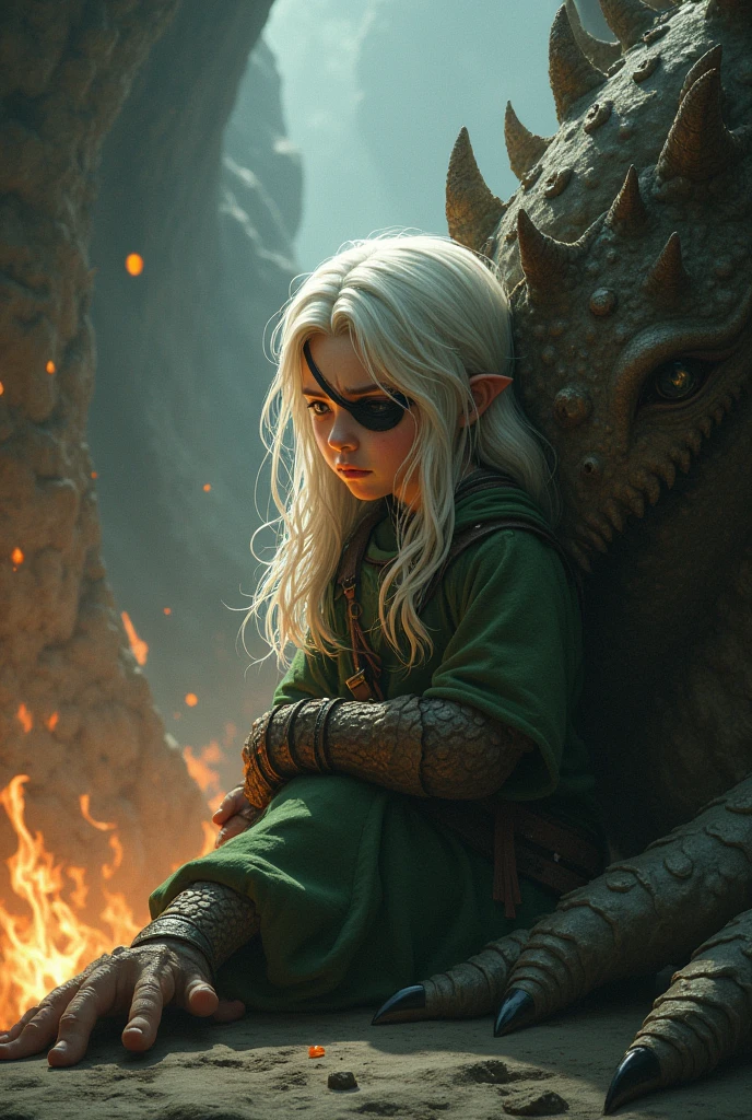 Sad 13 year old boy, with a cleft chin and thick eyebrows, he has long white hair, with an eye patch and a scar on the same eye where he wears the patch, The boy is dressed in green warrior clothing. He is hugging the paw of his giant dragon. They are inside a giant cave with fire