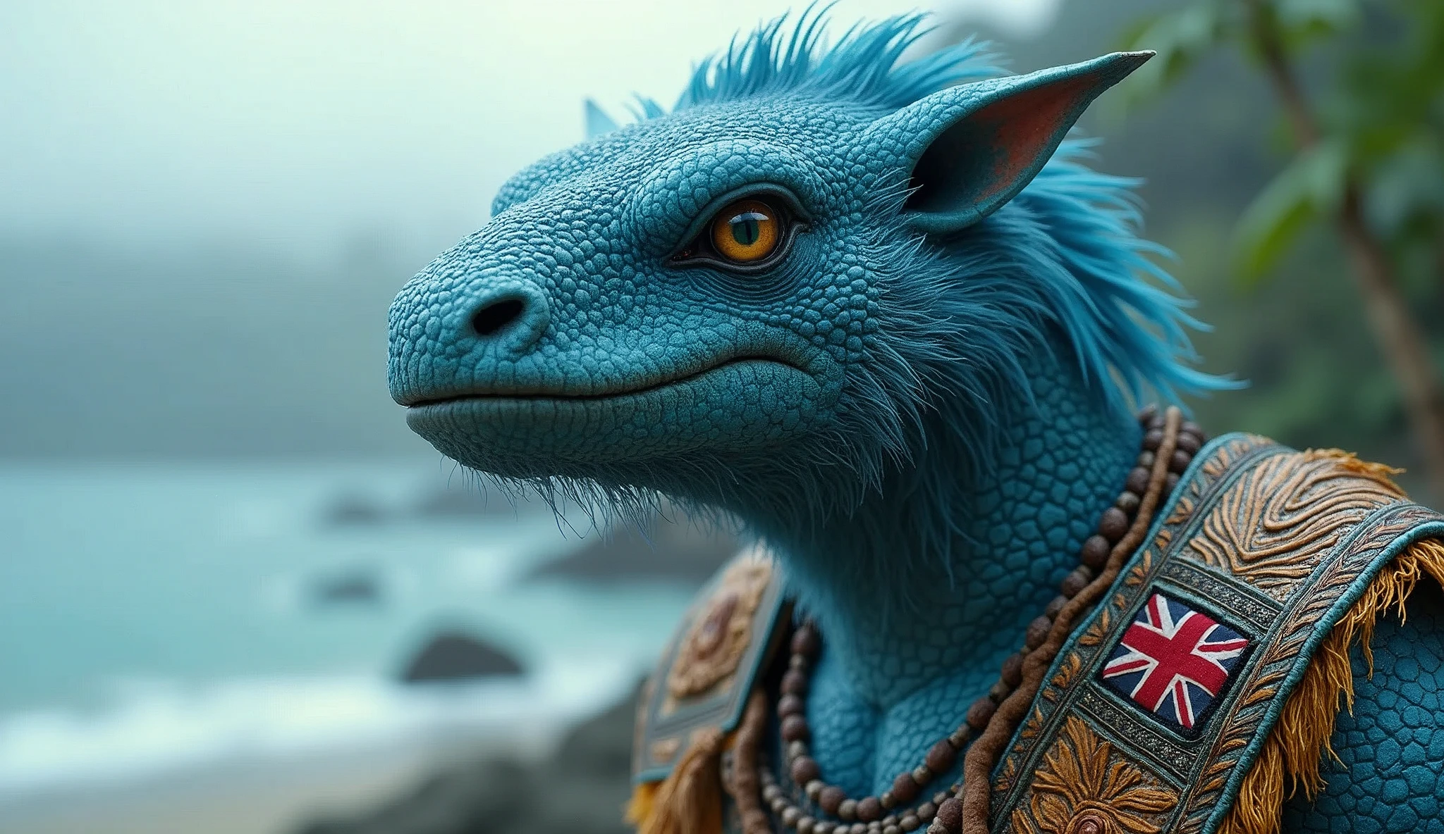 Fiji as an oceanic maori League of Legend creature in light blue with a little british flag somewere. Intricated clothing. Cinematic Fantasy sci-fi landscape background