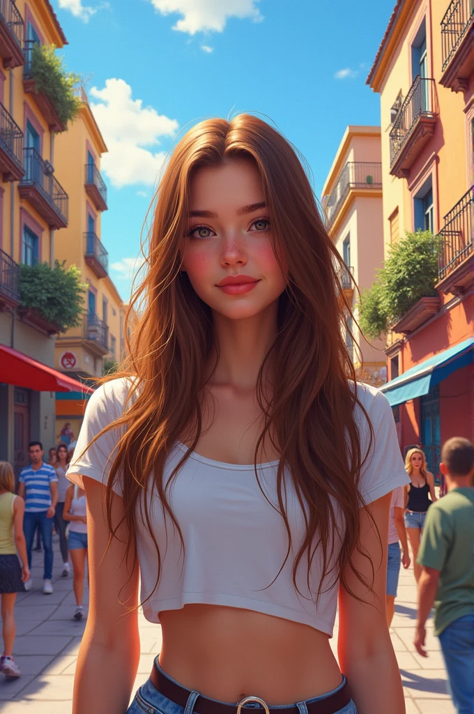 A creative and colorful cover, in overcooked places in Madrid Spain A girl, chestnut, long and straight hair, adolescent, with a white crop top, Brown eyes, a little high 