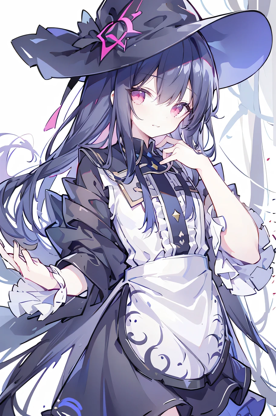 oung Girls,Humanity,A magician always smiles,big witch hat,cute,dark blue long hair,The eyes are dull,The bangs are heavy,Thin eyebrows,fantasy,intake,Double teeth,Star Theme,Constellation pattern,Solid color clothetal decoration,cloak,A bit of a dark atmosphere,A little crazy smile,When the big moon shines outside at night,blood,Hair black star embellishment,Short tie,No nails,High waist skirt,Bell sleeves,Long-sleeved shirt,Black tie,low risk,gentlemen。Mist、Yellow and white effect,Shocking pink as an accent color