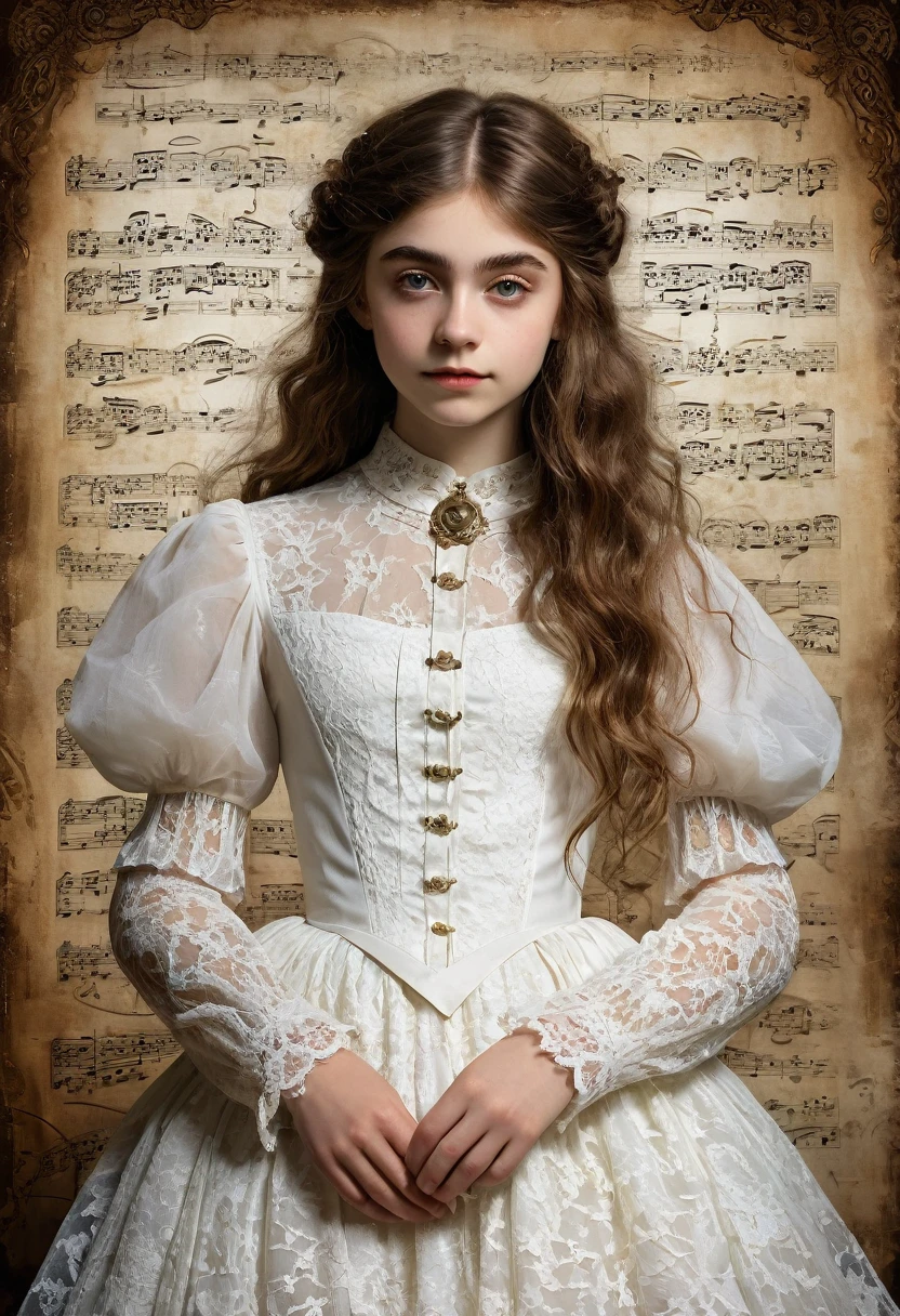 À la Fed image of a girl in a white lace dress and Leonardo da Vinci notes background, stunning young ethereal figure, portrait of a magical girl, portrait of a young witch girl, girl in steampunk clothes, musician girl in lace clothes, Natalia Dyer, Daphne Keen, portrait of a young witch, a girl with magical powers, inspired by Irakli Nadar, Inspired by William Mustoster Lockhart, top quality, detail, detail, masterpiece, high image quality