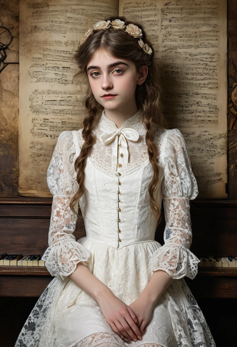 À la Fed image of a girl in a white lace dress and Leonardo da Vinci notes background, stunning young ethereal figure, portrait of a magical girl, portrait of a young witch girl, girl in steampunk clothes, musician girl in lace clothes, Natalia Dyer, Daphne Keen, portrait of a young witch, a girl with magical powers, inspired by Irakli Nadar, Inspired by William Mustoster Lockhart, top quality, detail, detail, masterpiece, high image quality