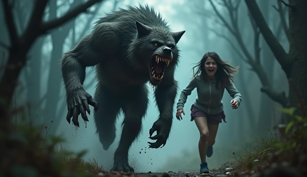 Create a realistic werewolf, angry and bloodthirsty, chasing a desperate girl.
