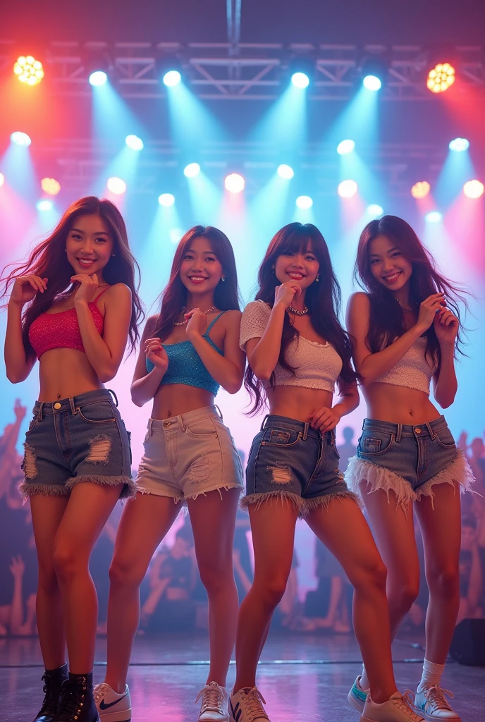 An energetic and lively image of a four-member Japanese idol group produced by Yasushi Akimoto, performing on stage at a concert. The group consists of four young, cute, and cheerful women, each with a unique style and personality. They are dressed in coordinated outfits featuring crop tops and , revealing their midriffs. The outfits are stylish, blending colorful and trendy elements with a bit of sparkle, embodying a modern pop idol aesthetic. The members have youthful and adorable appearances, with bright smiles and expressive eyes. They are dancing energetically, striking dynamic poses that exude confidence and charm. The concert stage is illuminated with vibrant lights, and the background shows an enthusiastic crowd. The overall mood of the image is lively and full of excitement, capturing the essence of a contemporary idol group in a thrilling performance."