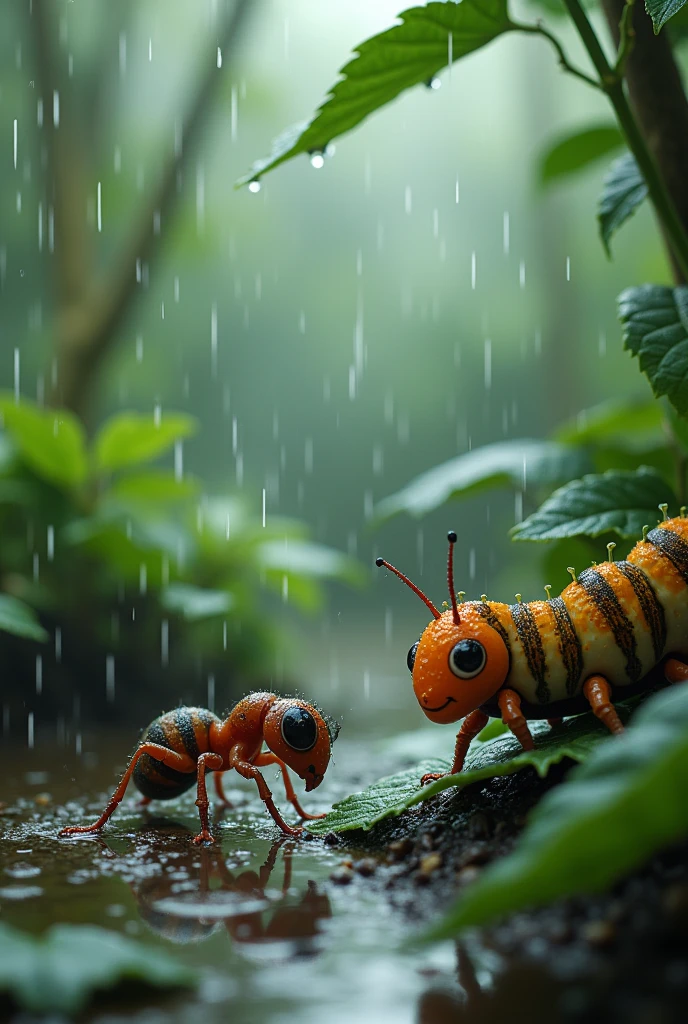Ant and caterpillar in the rain