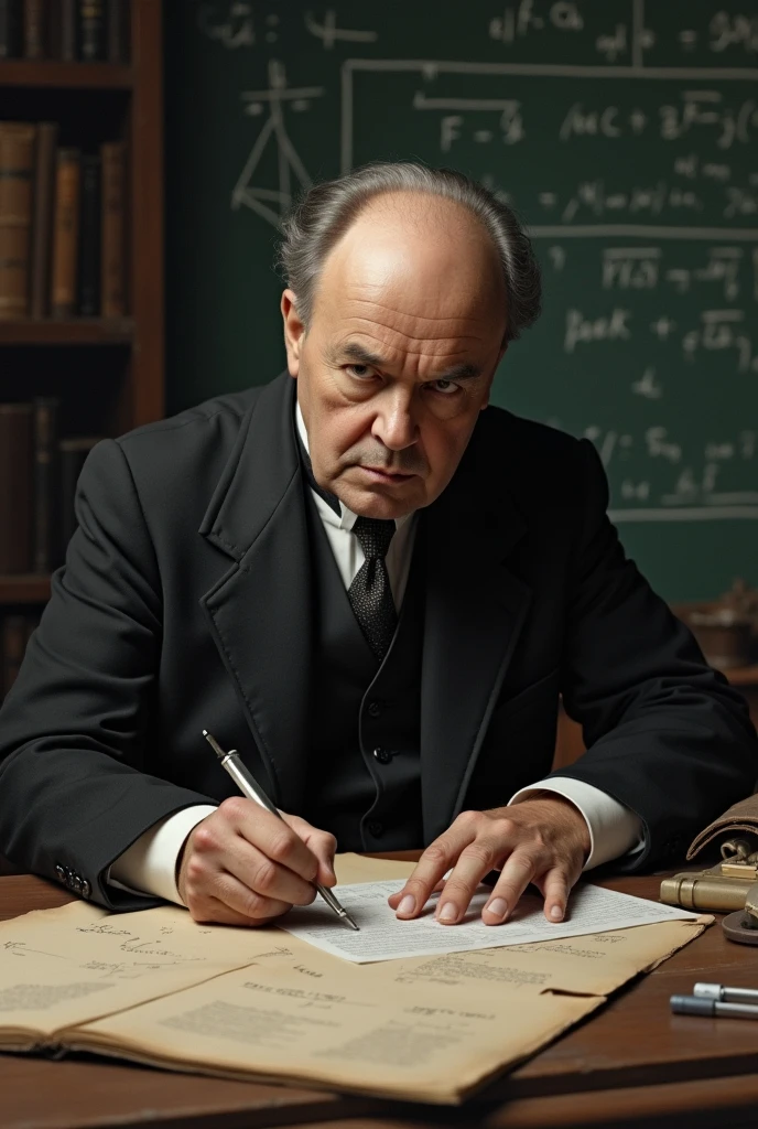 Portray Georges Lemaître in his 1920s work environment, with mathematical equations of general relativity visible on a blackboard or on a work table.