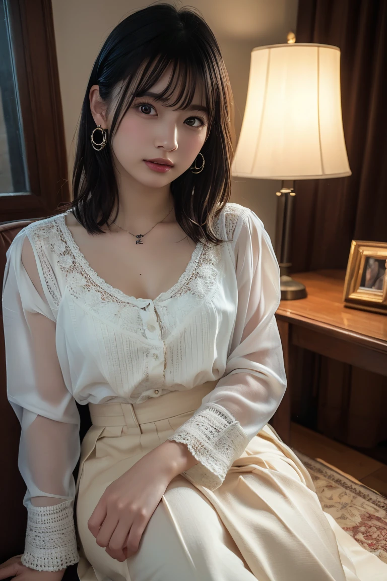 (Highest quality:1.4)，(masterpiece:1.4)，(Realistic:1.4)，(Realistic:1.2)，(超High resolution， RAW Photos:1.4)，(High resolution， Ultra-detailed:1.2)，(8k:1.2)，View your viewers，Cinematic photography，One person，skeletally correct，Black-haired woman，Woman in her early 20s，(Small earrings，necklace，White blouse with voluminous sleeves，Ivory crochet long skirt)，（Western-style building interior，Dimly lit room，The lamplight shines on my cheeks，Sit on the sofa）