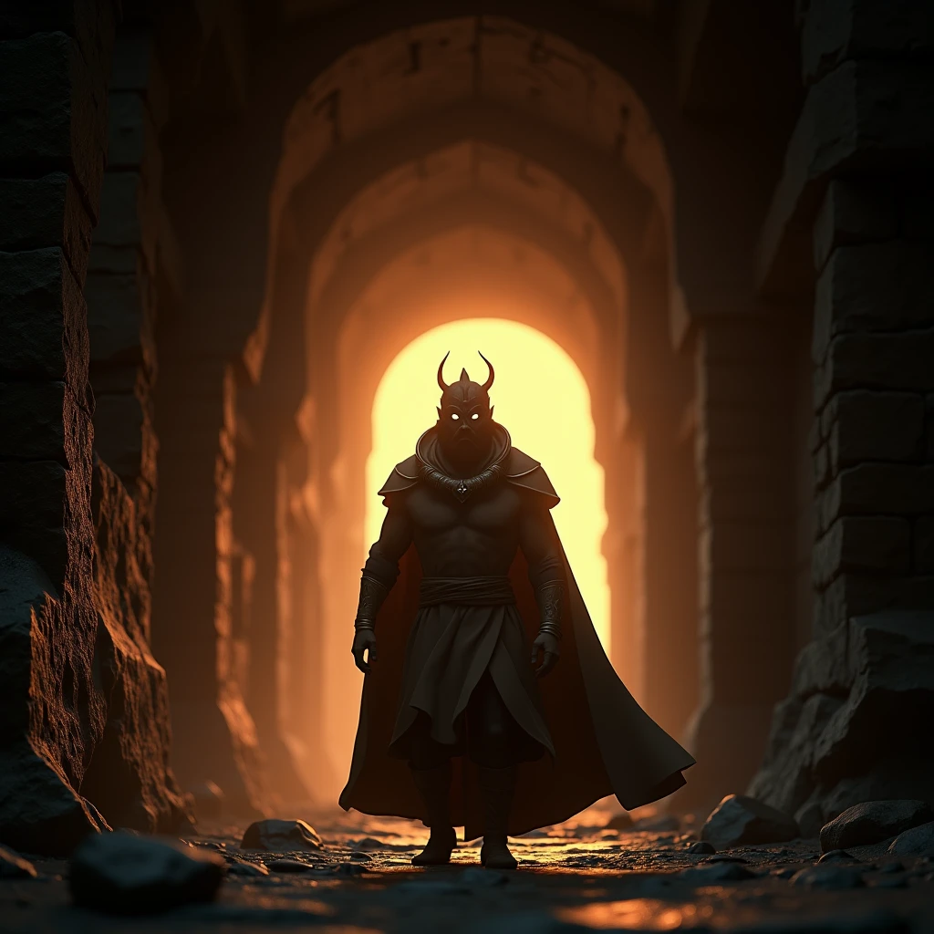in 3d Animation style "**End of the tunnel**: King Balveer finally seeing a faint light at the end of the tunnel."