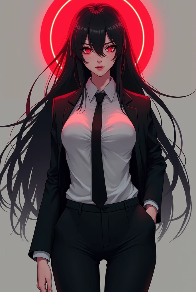 create a female character with red eyes, a red halo, long black hair and fair skin. Wearing a loose fitting suit showing a white dress shirt with a black tie, black dress pants and black dress shoes. And with large breasts. in anime style
