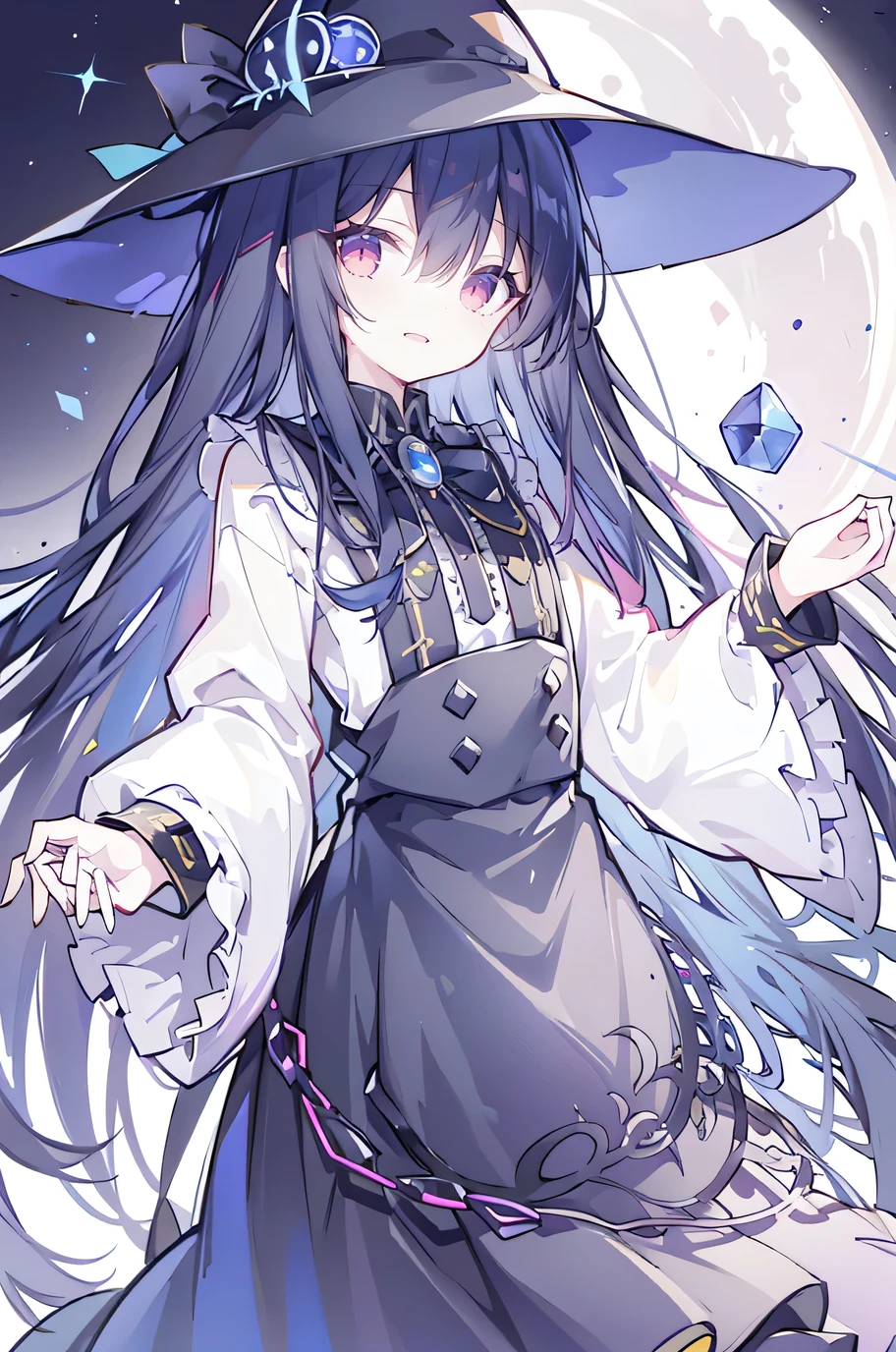 oung Girls,Humanity,A magician always smiles,big witch hat,cute,dark blue long hair,The eyes are dull,The bangs are heavy,Thin eyebrows,fantasy,intake,Double teeth,Star Theme,Constellation pattern,Solid color clothetal decoration,cloak,A bit of a dark atmosphere,A little crazy smile,When the big moon shines outside at night,blood,Hair black star embellishment,Short tie,No nails,High waist skirt,Bell sleeves,Long-sleeved shirt,Black tie,low risk,gentlemen。Mist、Yellow and white effect，Shocking pink as an accent color