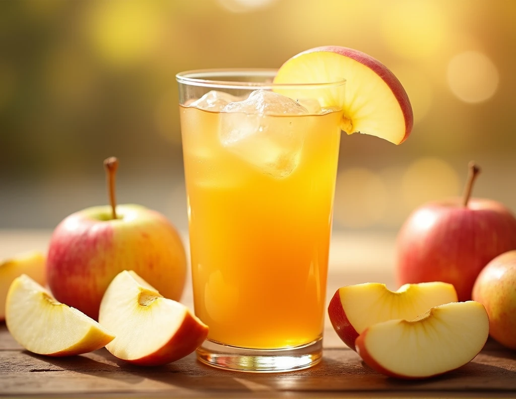 apple juice in a glass cup with ice and sliced apple around the glass.apply a heat filter label APPLE JUICE at the top