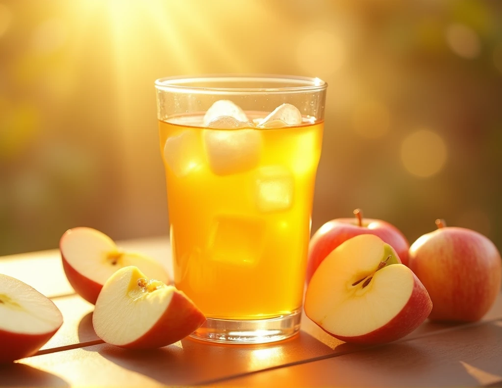 apple juice in a glass cup with ice and sliced apple around the glass.apply a heat filter label APPLE JUICE at the top