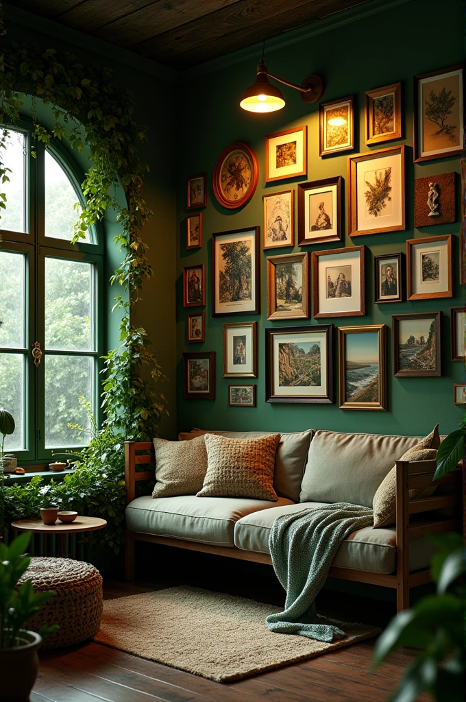 A room which fulls of photo frame green tone