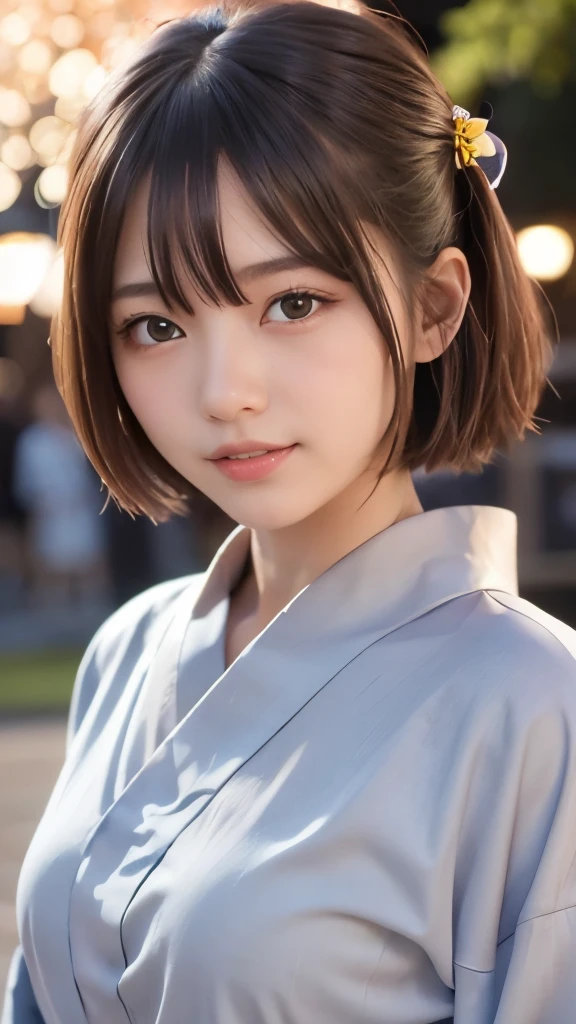 8k,Highest quality,(masterpiece:1.2),(Realistic),(Realistic:1.37),Ultra-high resolution,One College Girl,Fireworks display,night,smile,Beautiful Eyes,(((Cute Yukata))),Perfect body,Perfect Fingers,Professional Lighting,gravure,Detailed face and skin texture,fine grain,RAW Photos