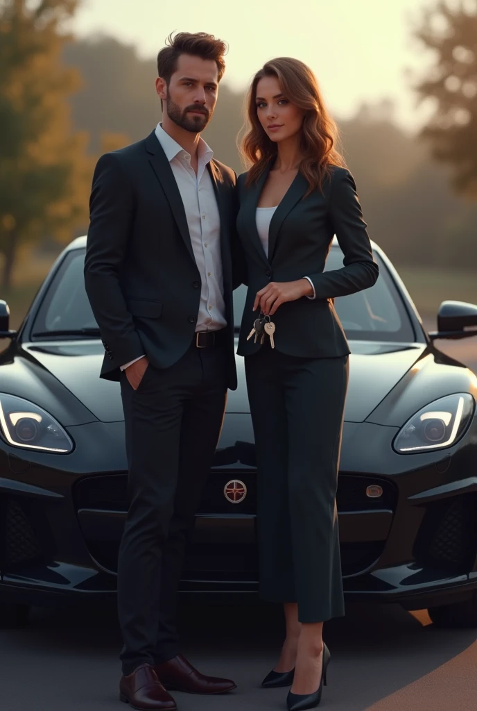 1 man with his wife behind a black car and 1 1 ring of key in there hand