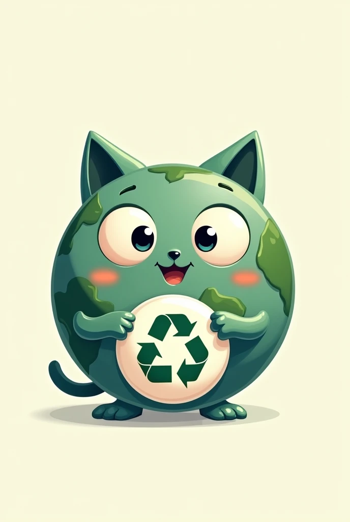 A pin-type image of a planet Earth with cute eyes and a cat-like mouth with cute little hands holding a recycling logo